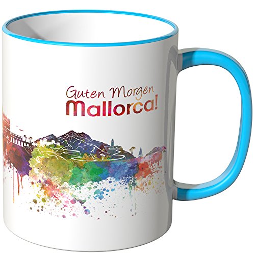 WANDKINGS® Tasse, Schriftzug Guten Morgen Mallorca! mit Skyline - BLAU von WANDKINGS