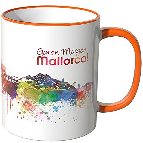 WANDKINGS® Tasse, Schriftzug Guten Morgen Mallorca! mit Skyline - ORANGE von WANDKINGS