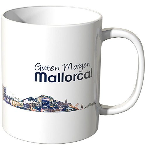 WANDKINGS® Tasse, Schriftzug Guten Morgen Mallorca! mit Skyline bei Nacht - Weiß von WANDKINGS