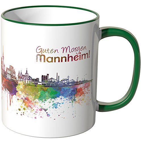 WANDKINGS® Tasse, Schriftzug Guten Morgen Mannheim! mit Skyline - GRÜN von WANDKINGS