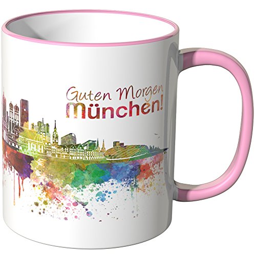 WANDKINGS® Tasse, Schriftzug Guten Morgen München! mit Skyline - ROSA von WANDKINGS