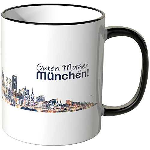 WANDKINGS® Tasse, Schriftzug Guten Morgen München! mit Skyline bei Nacht - SCHWARZ von WANDKINGS