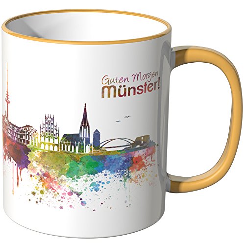 WANDKINGS® Tasse, Schriftzug Guten Morgen Münster! mit Skyline - DUNKELGELB von WANDKINGS