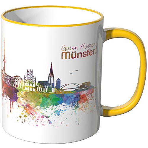 WANDKINGS® Tasse, Schriftzug Guten Morgen Münster! mit Skyline - GELB von WANDKINGS