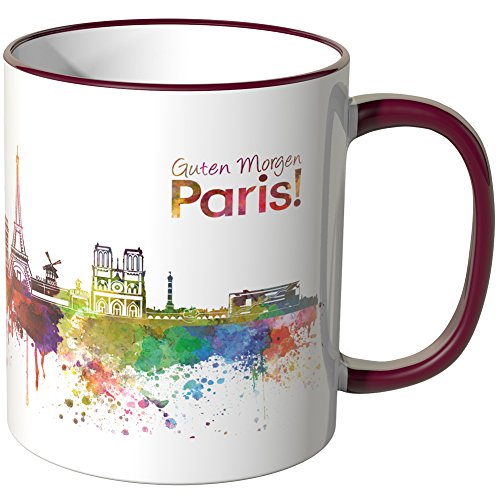 WANDKINGS® Tasse, Schriftzug Guten Morgen Paris! mit Skyline - Bordeaux von WANDKINGS