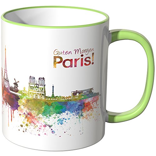 WANDKINGS® Tasse, Schriftzug Guten Morgen Paris! mit Skyline - HELLGRÜN von WANDKINGS