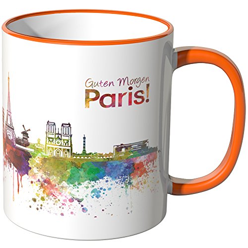 WANDKINGS® Tasse, Schriftzug Guten Morgen Paris! mit Skyline - ORANGE von WANDKINGS