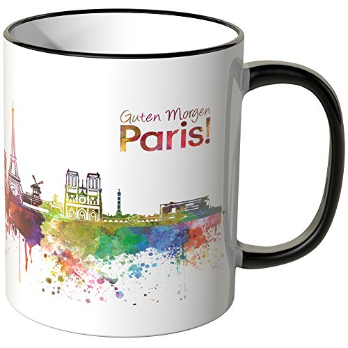 WANDKINGS® Tasse, Schriftzug Guten Morgen Paris! mit Skyline - SCHWARZ von WANDKINGS