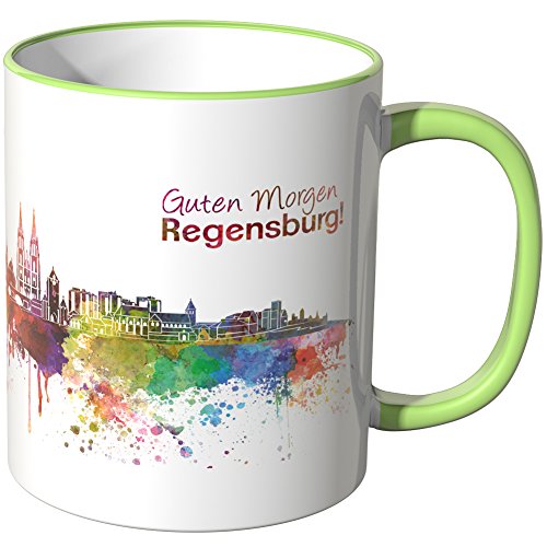 WANDKINGS® Tasse, Schriftzug Guten Morgen Regensburg! mit Skyline - HELLGRÜN von WANDKINGS