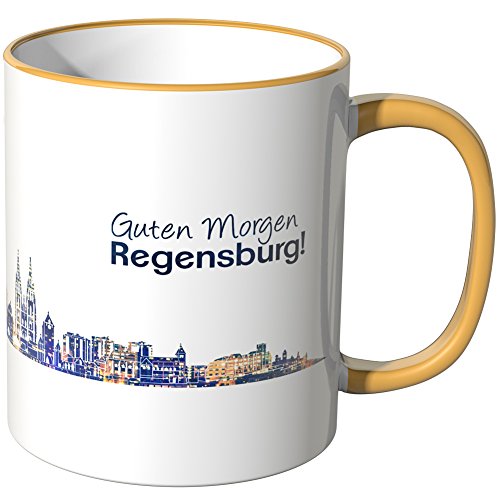 WANDKINGS® Tasse, Schriftzug Guten Morgen Regensburg! mit Skyline bei Nacht - DUNKELGELB von WANDKINGS