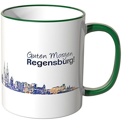 WANDKINGS® Tasse, Schriftzug Guten Morgen Regensburg! mit Skyline bei Nacht - GRÜN von WANDKINGS