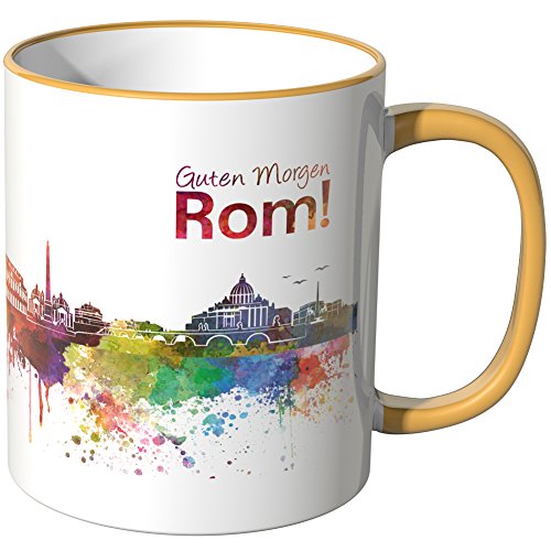 WANDKINGS® Tasse, Schriftzug Guten Morgen Rom! mit Skyline - DUNKELGELB von WANDKINGS