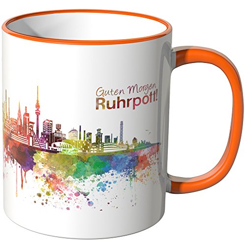 WANDKINGS® Tasse, Schriftzug Guten Morgen Ruhrpott! mit Skyline - ORANGE von WANDKINGS