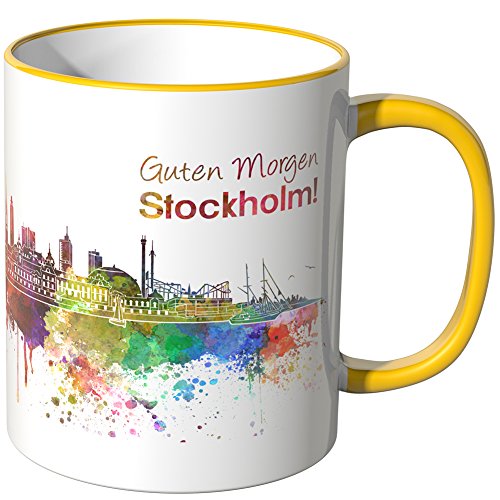 WANDKINGS® Tasse, Schriftzug Guten Morgen Stockholm! mit Skyline - GELB von WANDKINGS