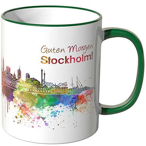 WANDKINGS® Tasse, Schriftzug Guten Morgen Stockholm! mit Skyline - GRÜN von WANDKINGS