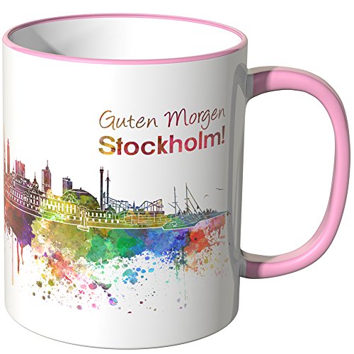 WANDKINGS® Tasse, Schriftzug Guten Morgen Stockholm! mit Skyline - ROSA von WANDKINGS