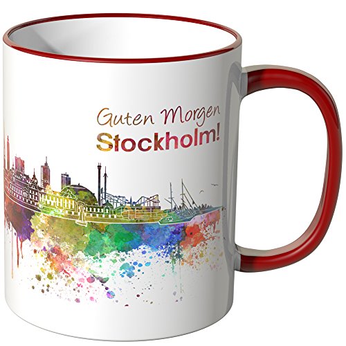 WANDKINGS® Tasse, Schriftzug Guten Morgen Stockholm! mit Skyline - ROT von WANDKINGS