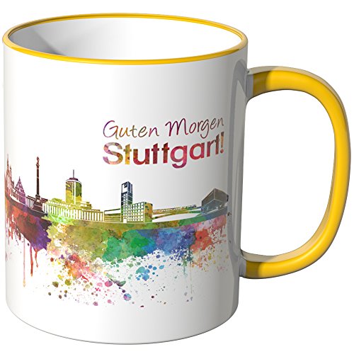 WANDKINGS® Tasse, Schriftzug Guten Morgen Stuttgart! mit Skyline - GELB von WANDKINGS