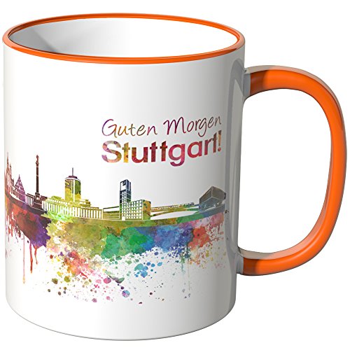 WANDKINGS® Tasse, Schriftzug Guten Morgen Stuttgart! mit Skyline - ORANGE von WANDKINGS