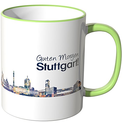 WANDKINGS® Tasse, Schriftzug Guten Morgen Stuttgart! mit Skyline bei Nacht - HELLGRÜN von WANDKINGS