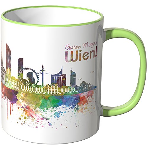 WANDKINGS® Tasse, Schriftzug Guten Morgen Wien! mit Skyline - HELLGRÜN von WANDKINGS