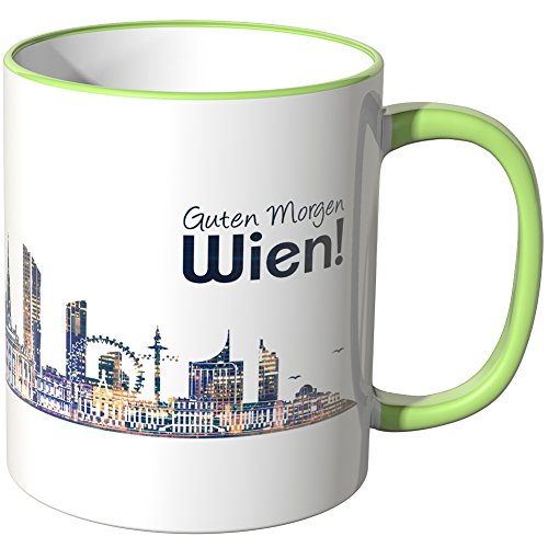 WANDKINGS® Tasse, Schriftzug Guten Morgen Wien! mit Skyline bei Nacht - HELLGRÜN von WANDKINGS