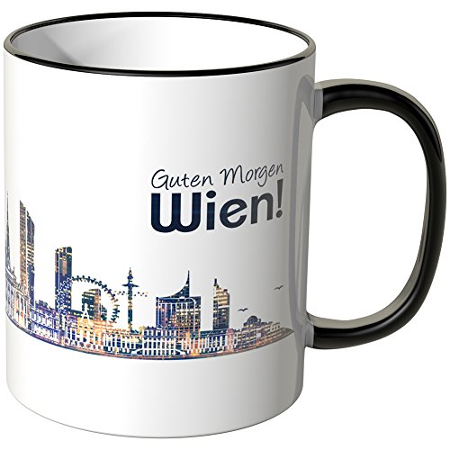 WANDKINGS® Tasse, Schriftzug Guten Morgen Wien! mit Skyline bei Nacht - SCHWARZ von WANDKINGS