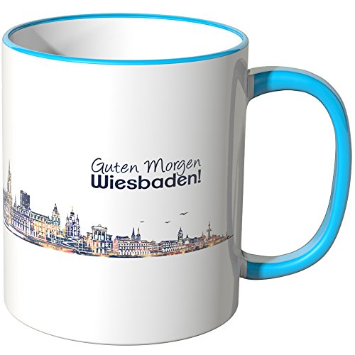 WANDKINGS® Tasse, Schriftzug Guten Morgen Wiesbaden! mit Skyline bei Nacht - BLAU von WANDKINGS