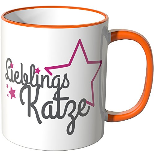 WANDKINGS® Tasse, Schriftzug: Lieblingskatze mit pinken Sternchen - ORANGE von WANDKINGS