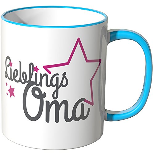 WANDKINGS® Tasse, Schriftzug: Lieblingsoma mit pinken Sternchen - BLAU von WANDKINGS