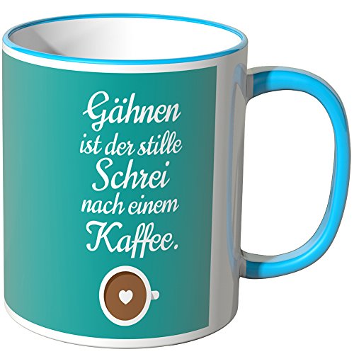 WANDKINGS® Tasse, Spruch Gähnen ist der stille Schrei nach einem Kaffee - BLAU von WANDKINGS