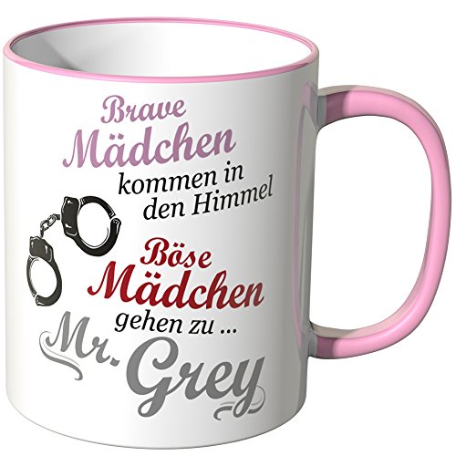 WANDKINGS® Tasse, Spruch: Brave Mädchen kommen in den Himmel …, mit Handschellen - ROSA von WANDKINGS