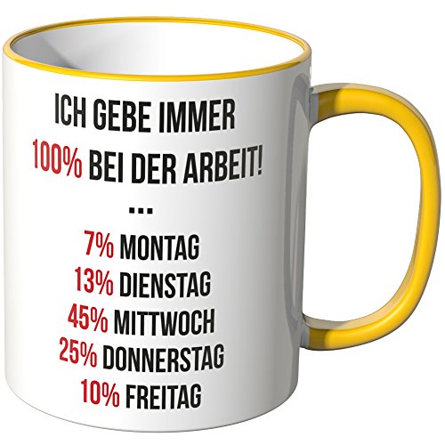 WANDKINGS® Tasse, Spruch: Ich gebe Immer 100% bei der Arbeit - GELB von WANDKINGS