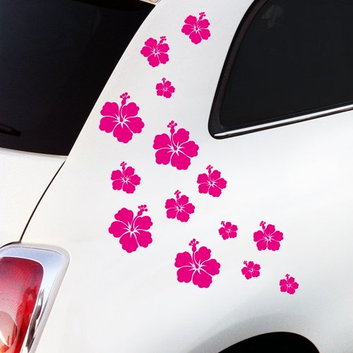 WANDKINGS Autoaufkleber Hibiskus Blüten Sticker Set - 14 Aufkleber auf DIN A4 Bogen, rosa - erhältlich in 27 Farben von WANDKINGS