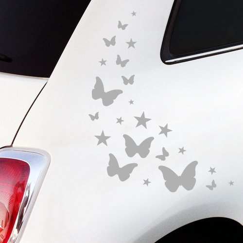 WANDKINGS Autoaufkleber Schmetterlinge mit Sternchen Sticker Set - 23 Aufkleber auf DIN A4 Bogen, rosa - erhältlich in 27 Farben von WANDKINGS