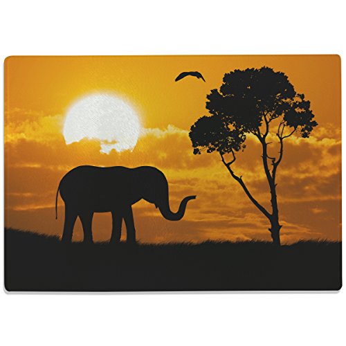 WANDKINGS Glasschneidebrett „Elefant bei Sonnenuntergang“ - Motiv wählbar - Glasschneideplatte, Schneidebrett aus Glas, Frühstücksbrettchen von WANDKINGS