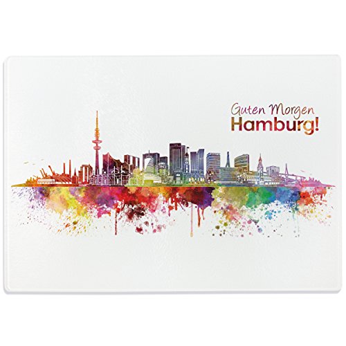 WANDKINGS Glasschneidebrett „Skyline Hamburg“ - Glasschneideplatte, Schneidebrett aus Glas, Frühstücksbrettchen von WANDKINGS
