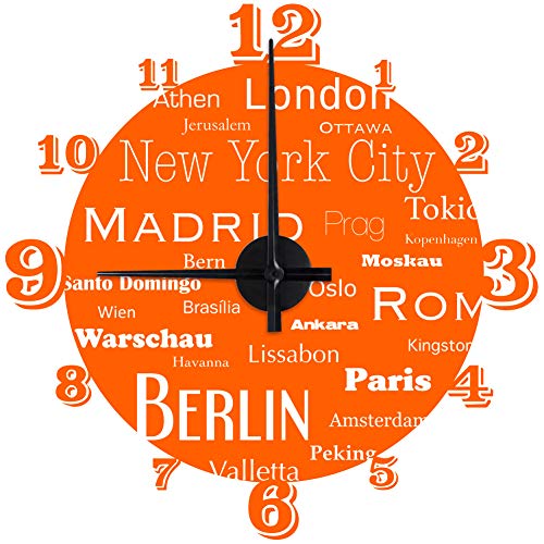 WANDKINGS "Hauptstädte Europas Wanduhr Wandtattoo (Farbe: Uhr=Schwarz, Aufkleber=Orange) von WANDKINGS