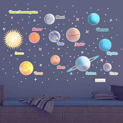WANDKINGS Leuchtaufkleber „Planeten“, XL Set, 390 einzelne Wandsticker – Fluoreszierend & im Dunkeln Leuchtend von WANDKINGS
