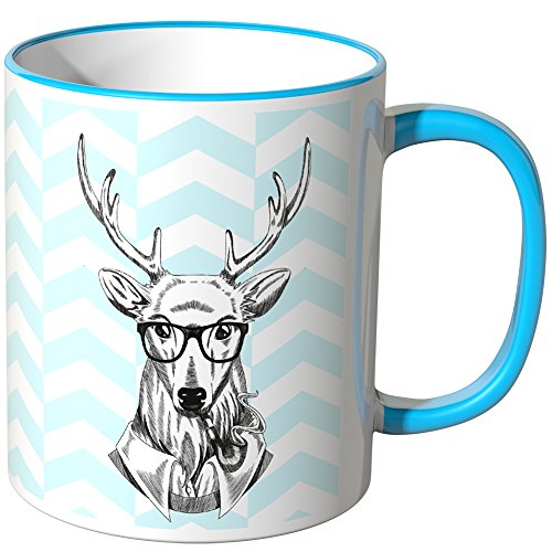 WANDKINGS Tasse, Motiv „Hipster Hirsch mit blau-weißem Chevron-Muster“ - BLAU von WANDKINGS