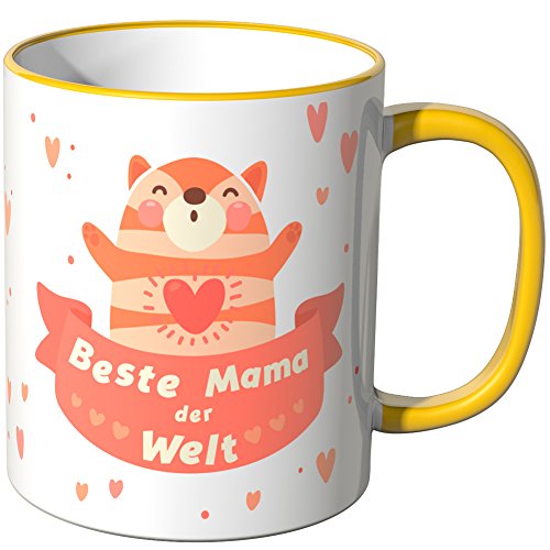 WANDKINGS Tasse, Schriftzug Beste Mama der Welt mit fröhlichem Kätzchen - GELB von WANDKINGS