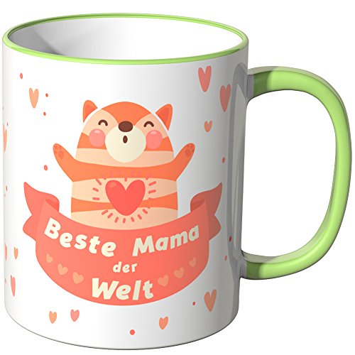 WANDKINGS Tasse, Schriftzug Beste Mama der Welt mit fröhlichem Kätzchen - HELLGRÜN von WANDKINGS