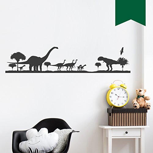 WANDKINGS Wandtattoo 9 Dinosaurier und 5 Bäume 180 x 39 cm dunkelgrün - erhältlich in 33 Farben von WANDKINGS