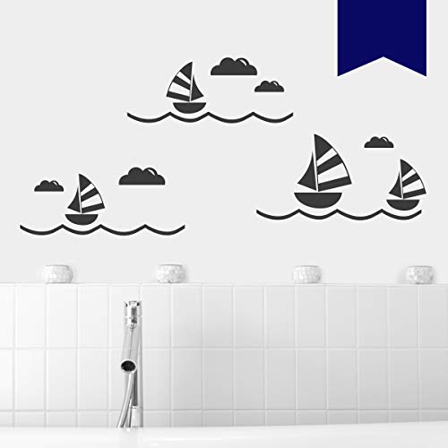 WANDKINGS Wandtattoo Segelboot Set, mit Wellen und Wolken Größe XL in dunkelblau - erhältlich in 33 Farben von WANDKINGS