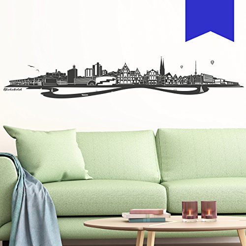 WANDKINGS Wandtattoo - Skyline Bielefeld (mit Fluss) - 130 x 23 cm - Azurblau - Wähle aus 6 Größen & 35 Farben von WANDKINGS