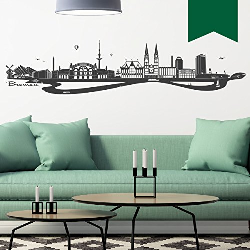 WANDKINGS Wandtattoo - Skyline Bremen (mit Fluss) - 100 x 22 cm - Dunkelgrün - Wähle aus 6 Größen & 35 Farben von WANDKINGS