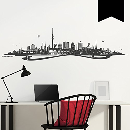 WANDKINGS Wandtattoo Skyline Dortmund mit Fluss 160 x 41 cm - Schwarz - 35 Farben zur Wahl von WANDKINGS