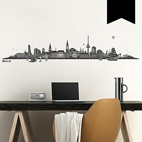 WANDKINGS Wandtattoo Skyline Kiel 160 x 32 cm - Schwarz - 35 Farben zur Wahl von WANDKINGS