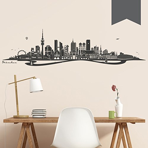 WANDKINGS Wandtattoo Skyline München mit Fluss 120 x 31 cm - Dunkelgrau - 35 Farben zur Wahl von WANDKINGS