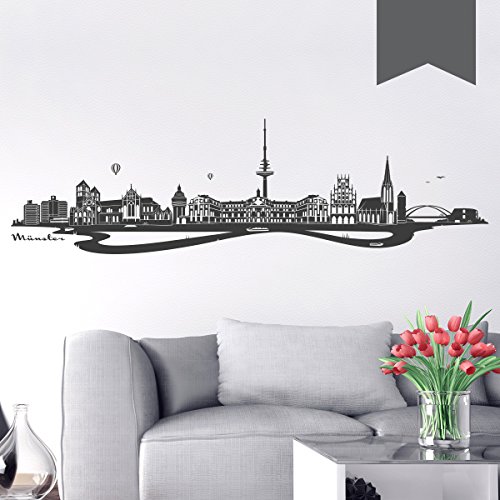 WANDKINGS Wandtattoo - Skyline Münster (mit Fluss) - 100 x 28 cm - Dunkelgrau - Wähle aus 6 Größen & 35 Farben von WANDKINGS